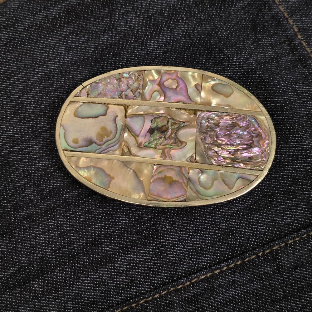 Vintage Abalone Shell Mosaic Oval Belt Buckle 3.25 Alpaca Silver Tone